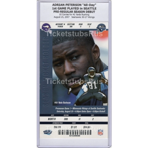 Adrian Peterson 1st GAME SEATTLE DEBUT 2007 Vikings @ Seahawks 8/25 Full Ticket