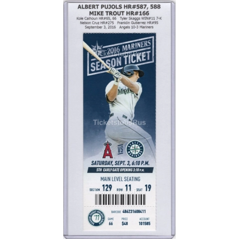 Albert Pujols HR #587 & 588 PASSES ROBINSON 2016 Mariners Angels 9/3 Full Ticket