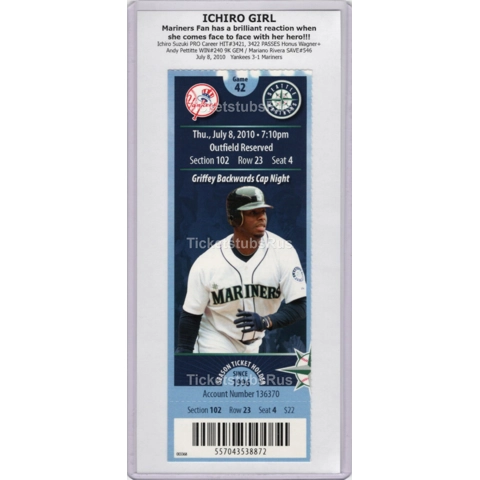 ICHIRO GIRL Griffey Cap Night 7/8/2010 Yankees Mariners Full Ticket RIVERA SAVE