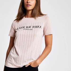 Pink Diamante Embellished Printed T-Shirt