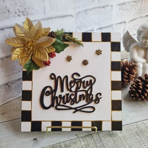 Checked Merry Christmas Sign with Display Easel