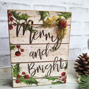 Checked Christmas Decor Merry and Bright Holiday Box Sign