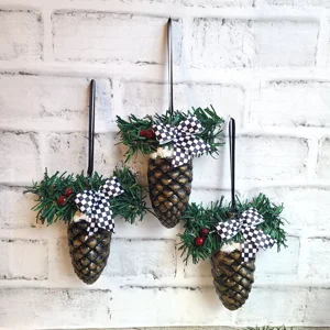 Checked Ornament Set Snow Covered Pine Cones Set of 3