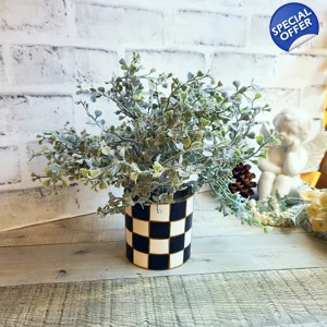 Checked Planter Boxwood Flocked Accent 8 Inch