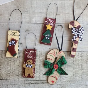 Checked Wooden Folk Art Christmas Ornament Set of 5