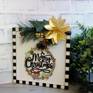 Checked Merry Christmas Sign Chintz Christmas Decor 9.5 x 9.5