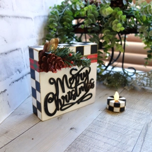 Checked Merry Christmas Sign with Candle 5x5 Box Style