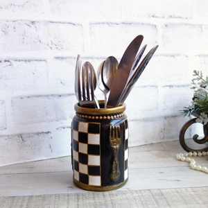 Artisan Checked Pottery Utensil Caddy