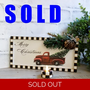Checked Christmas Sign with Candle Vintage Truck 10x5