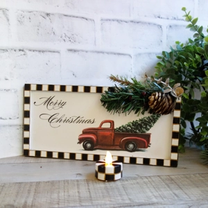 Checked Christmas Sign with Candle Vintage Truck 10x5