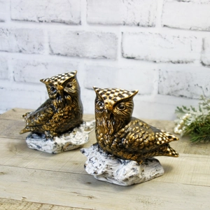 Checkered Owl Figurine Set Vintage Studio Original with Gold Gilded Accents