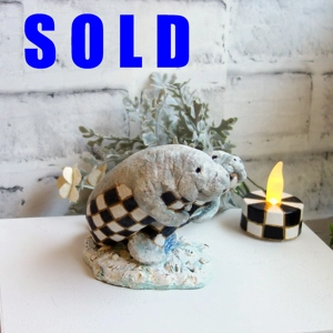 Courtly Decor Checked Florida Manatee Figurine with Tea Light Candle Hand Painted