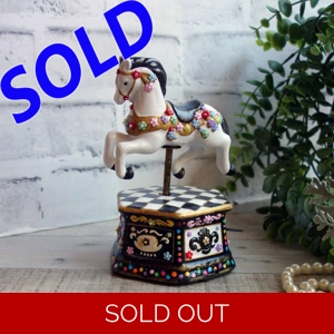 Courtly Music Box Black and White Checked Carousel Horse