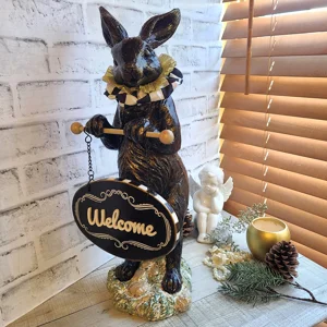 Checked Welcome Sign Rabbit Statuary