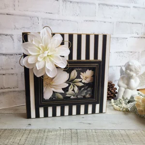 Stripe and Checked Picture Frame with Floral Accent
