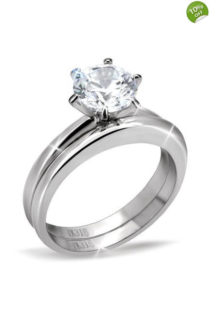 High polished (no plating) Stainless Steel Ring with AAA Grade CZ in Clear