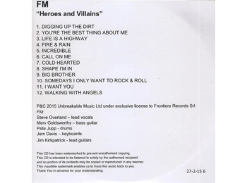 FM  ‎– Heroes And Villains - UK 12 Track Promotional CD Album IN PVC Sleeve & Custom Insert