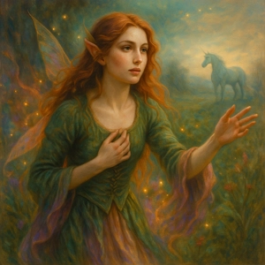 Ethereal red-haired fairy standing in a glowing autumn forest with magic swirling around her, one hand on her heart and the other reaching toward a distant unicorn.