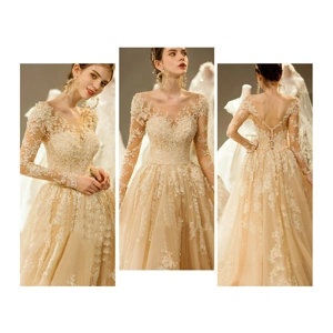 Golden Lace Long-sleeved Trailing Bride Sexy Luxury Prince..