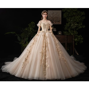 Handmade Golden Trailing Floral Fairy Princess Wedding Gown