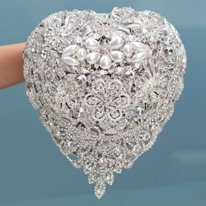 Handmade Rhinestones Beaded Heart Shaped Bridal Bouquet