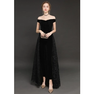 Elegant Off-shoulder Black Velvet Bridal Evening Jumpsuit