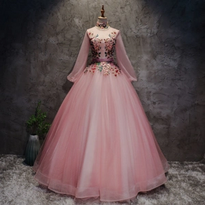 Pink Floral Embroidery Princess Stand Collar Long Sleeve ..