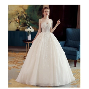 Spring/Summer Tube Top Handmade Floral White Princess A-line wedding Gown