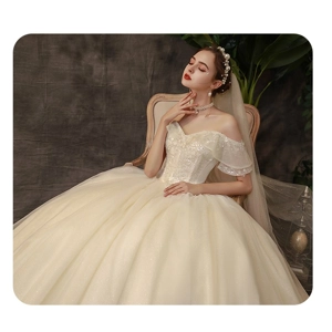 Autumn Champagne Beaded Off-Shoulder A-Line Wedding Gown