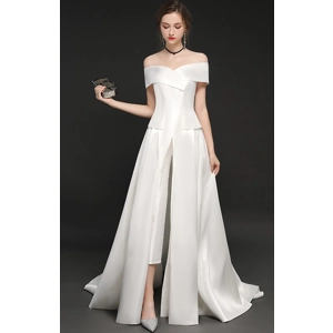 Elegant Off-Shoulder French Satin Wedding Trailing Jumpsuit