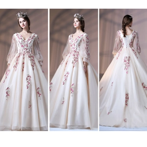 Spring/Summer V-neck Champagne Pink Petal Bridal Gown.