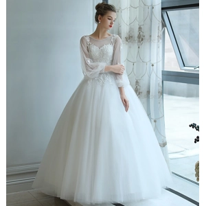 Elegant Classic Handmade Floral Beaded Long Sleeve A-Line Wedding Dress