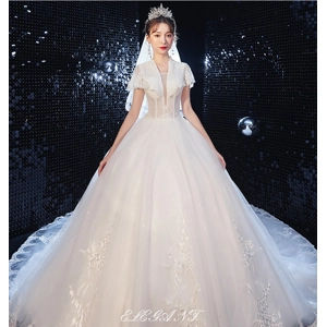 French Lace Bodice V-Neck Empire Wedding Dress