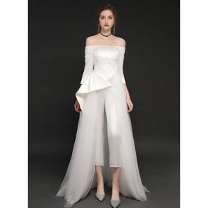 Off-Shoulder French Satin Handmade Floral Beaded Wedding B..