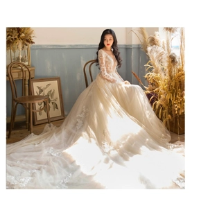 Luxury Lace Long-Sleeved Embroidery Sheath Wedding Dress