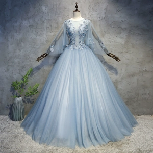 Spring Blue Handmade Floral Evening Dress