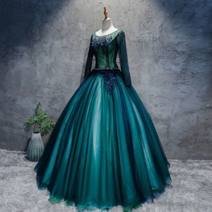 Dark Green Long Sleeve Ball Gown