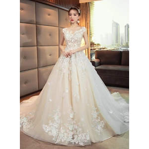Princess Floral Dream Champagne Beaded Fantasy Empire Wedding Dress