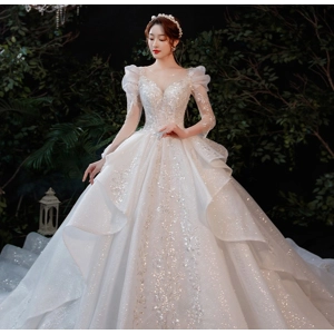 French Long Sleeve Full Beaded Ruffled Wedding Dress