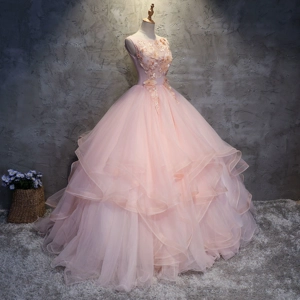 Elegant Pink Ruffled Princess Skirt Evening Gown