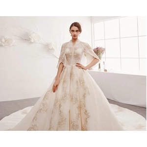 Luxury Champagne Butterfly Sleeve Empire Wedding Gown