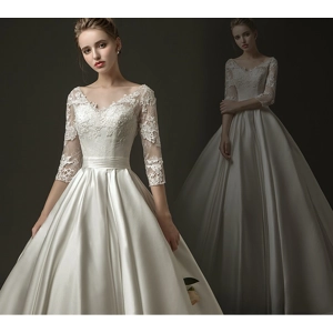 Luxury Princess French Satin V-neck Empire Wedding Gown.