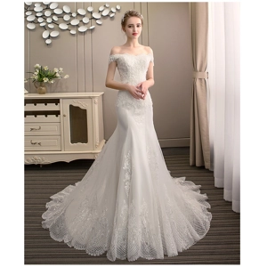 Luxury Pearl Beaded Off-Shoulder Trailing Mermaid Wedding Dress