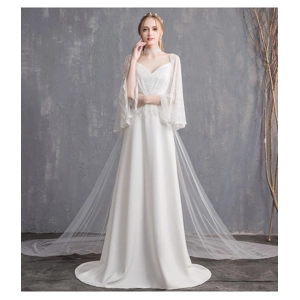 French White Satin Bell Sleeve A-Line Wedding Dress
