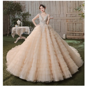 French champagne V-Neck Ruffled Wedding Gown