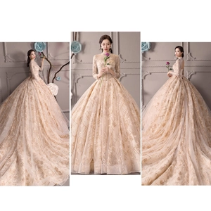 Retro French Handmade Stand Collar Long Sleeve Empire Wedding Gown
