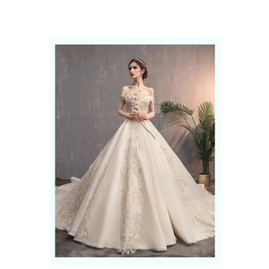 Champagne Off-Shoulder Full Embroidery Wedding Gown