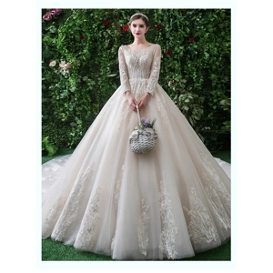 Champagne Lace Long Sleeved Empire Wedding Gown