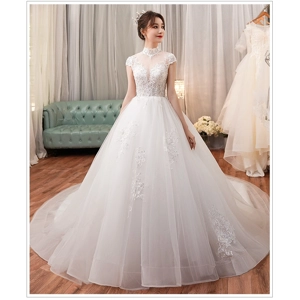 Luxury Hand Beaded Stand Collar A-line wedding Dress