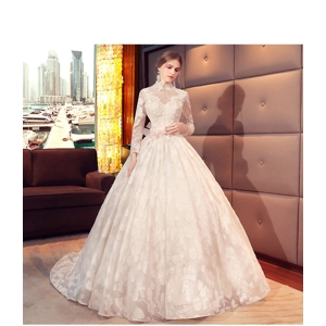Vintage French Lace Long Sleeve A-ling Wedding Gown